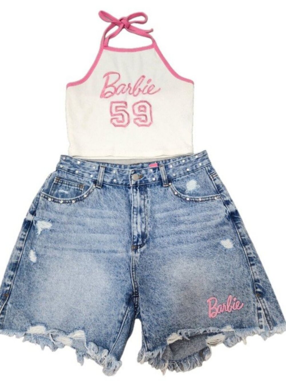 Forever 21 x Barbie Core 2-Piece Set - M Halter Top & L Distressed Rhinestone De
